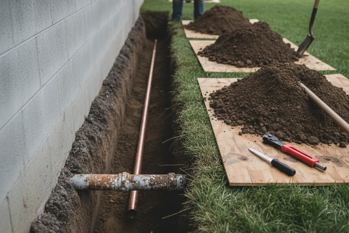 Excavated water line trench during Water Softener Installation in Highland Lakes